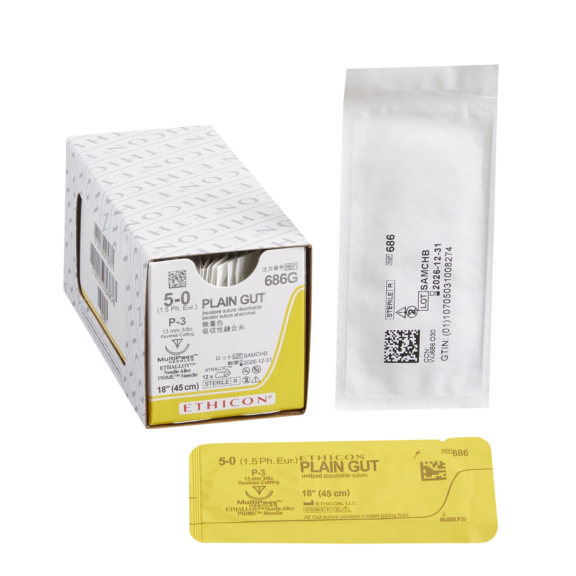 Suture Absorbable Suture with Needle Plain Gut P-3 3/8 Circle Precision Reverse Cutting Needle Size 5 - 0 by Ethicon - Suture  J & J Healthcare Systems  ID 686G